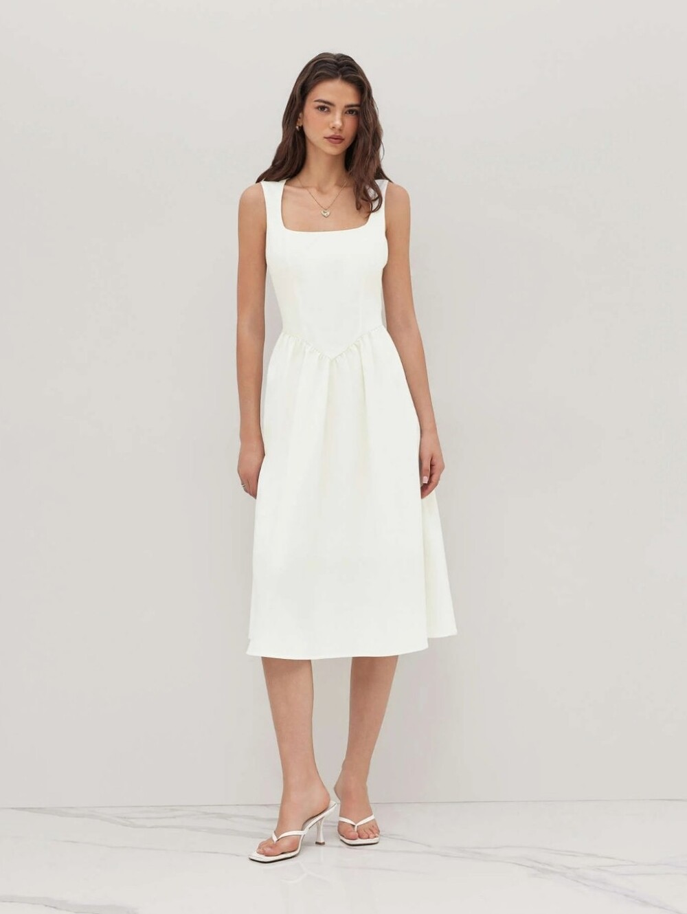Cider White Square-Neck Linen Blend Midi Dress NWT